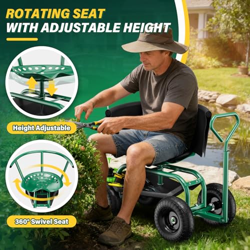Garden Seat with Wheels, Rolling Garden Stool with Adjustable 360°Swivel Seat - color: Green