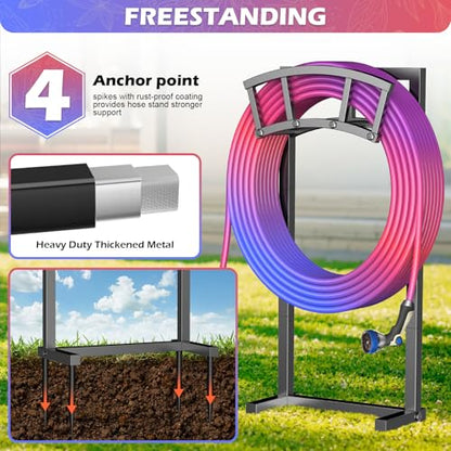 Garden Hose Holder Freestanding, Outdoor Heavy Duty Water Hose Holder Reel with 4 Spikes Holds 150-ft Water Pipe, Detachable Metal Hose Storage Stand Hanger Rack for Outside Yard Lawn Farm, Black - color: Matte Black