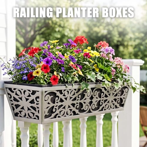 2 Pack 24 Inch Window Boxes Planter for Outdoor Plants Deck Railing Planters Box with Adjustable Brackets for Porch Fence Balcony Hanging Flower Baskets with Non-Woven Fabric Liner for Garden Decor - size: 24 Inch - 2 Pack