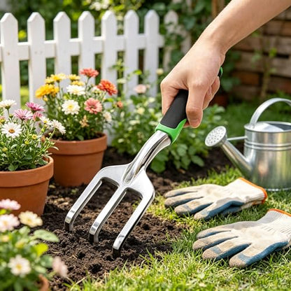 Stainless Steel Garden Tool Set，3 Pieces, Including Hand Shovel & Transplant Shovel & Hand Rake with Non-Slip Soft Ergonomic Handle (Green). - color: green
