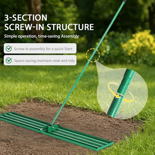 VINGLI Iron Lawn Leveling Rake 48in for Soil Sand Composs, Extended Handle, 180°Rotation Head, with All Handwares, for Yard Garden Golf Field, Green (48in) - color: 48in