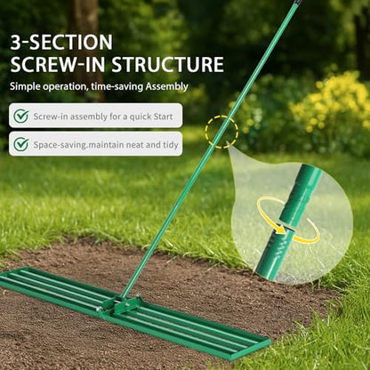 VINGLI Iron Lawn Leveling Rake 48in for Soil Sand Composs, Extended Handle, 180°Rotation Head, with All Handwares, for Yard Garden Golf Field, Green (48in) - color: 48in