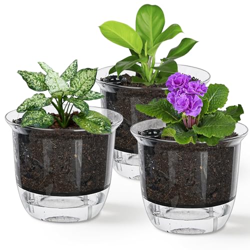 Self Watering Pots, 3 Pack 5 Inch Clear Plant Pot Self Watering Planter Flowers Pot with Deep Reservoir for Indoor Plants (3 Medium) - color: 3pcs Medium