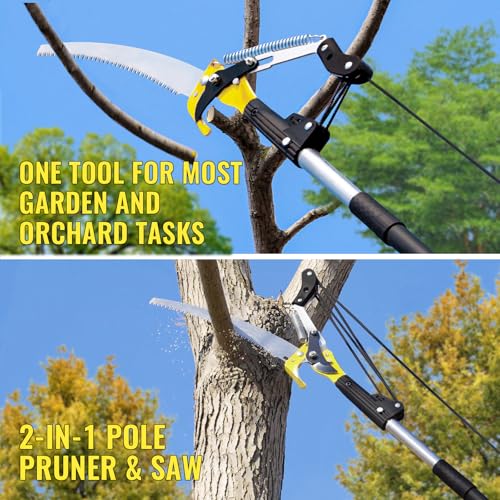 10.5FT Pole Saw for Tree Trimming, 2-In-1 Manual Tree Pruner with Saw, Extendable Long Handle Pole Tree Trimmer, High Reach Limbs Branch Cutter and Pruning Shears for Yard Garden Palm Shrubs - size: 10.5FT