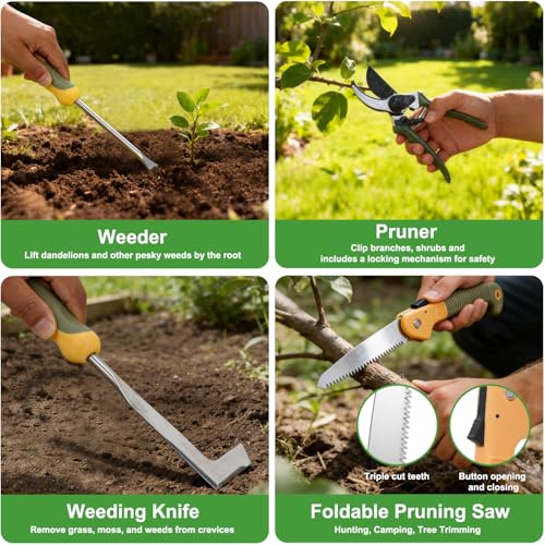 Yesker Gardening Tools 9-Piece Heavy Duty Garden Tool Set Gardening Supplies Gifts for Women Men Gardening Hand Tool Kit w Non-Slip Ergonomic Rubber Handle, Durable Garden Bag, Pruning Shears, Green - size: 9PCS Yellow Green