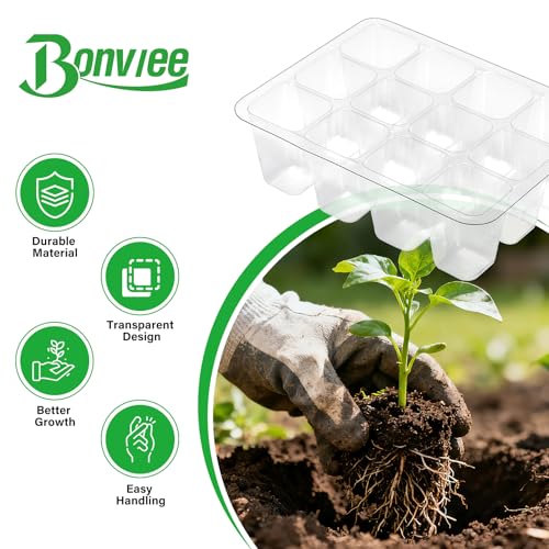 Bonviee 12-Pack Seed Starter Trays, 12-Cell Insert Trays, Clear - color: Clear, size: 12 Packs (144 Cells)