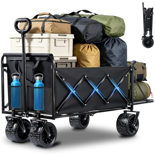 Collapsible Wagon Cart, Folding Cart with 600LBS Capacity, Black - color: Upgraded_600lbs