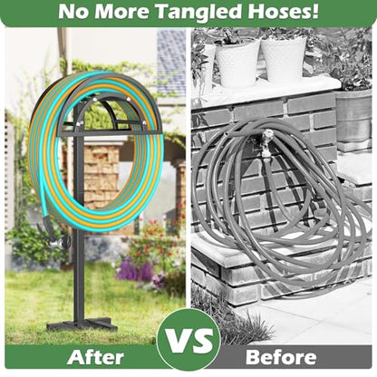 OLV Garden Hose Holder, Freestanding Water Hose Reel for Outside - color: Black