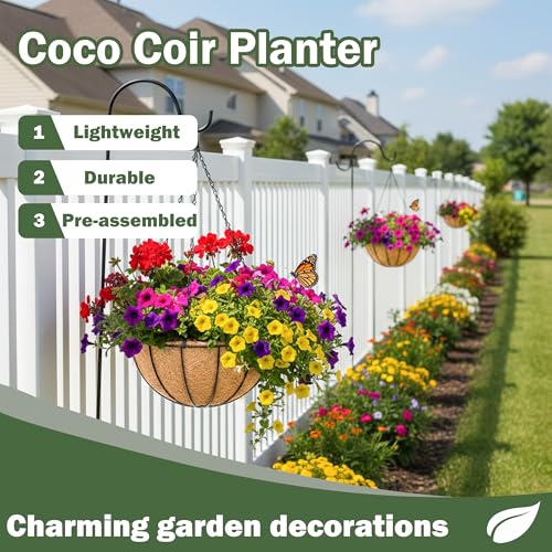 4 Pack 8 Inch Hanging Baskets for Plants Outdoor Metal Hanging Planter Basket with Coco Coir Liner Hanging Flower Baskets Hangings Flower Pots Holder for Garden, Patio(Watermelon) - size: 8 Inch, style: Garden