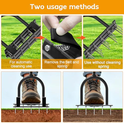 Aerator Lawn Tool - 2-in-1 Reinforced Heavy Duty Manual Lawn Aerator with 15 Spikes, Automatic Dirt and Leaf Clean Design, Adjustable T-Handle (Gloss Black) - color: Gloss Black