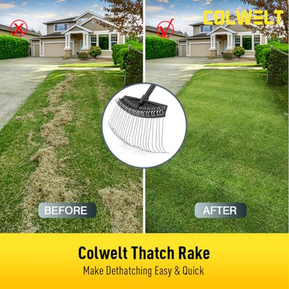 Colwelt Thatch Rake, Dethatcher Rake with Thin, Curved Spring Steel Tines, Dethatching Thatching Rake for Lawns with 61’’ Steel Handle, Lawn Tine Rakes for Pine Needles, Dead Grass, Garden Debris