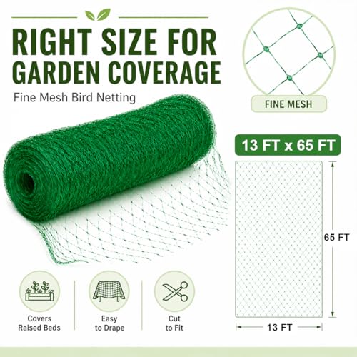 Garden Netting, 13 x 65 FT Bird Netting for Garden Plant Protection, Reusable Fine Mesh for Fruit Trees, Vegetable Plants, Blueberry Bushes, Raised Beds, Chicken Coop (13x65ft) - size: 13x65FT