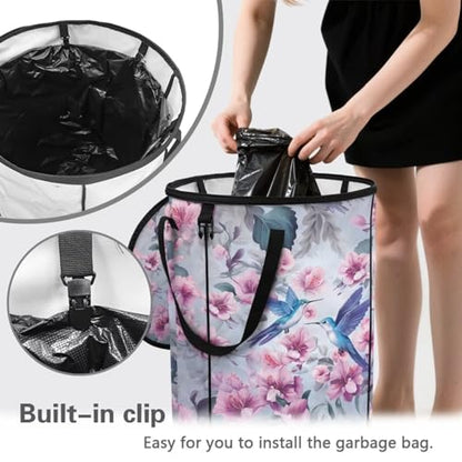 BIGCARJOB Hummingbird Outdoor Trash Can Floral Garbage Bins Outside Pop Up Recycle Garbage Cans Collapsible Trash Can with Zipper Lid and Clip, 22.83x17.71 in - color: Floral Hummingbird