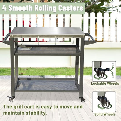 Domi 3-Shelf Outdoor Grill Table, Grill Cart with Wheels, Outdoor Pizza Oven and Food Prep Table, Blackstone with Stainless Steel Tabletop, BBQ Stand for Blackstone Griddle for Outside BBQ - style: Stainless Steel Tabletop+Mesh Shelf