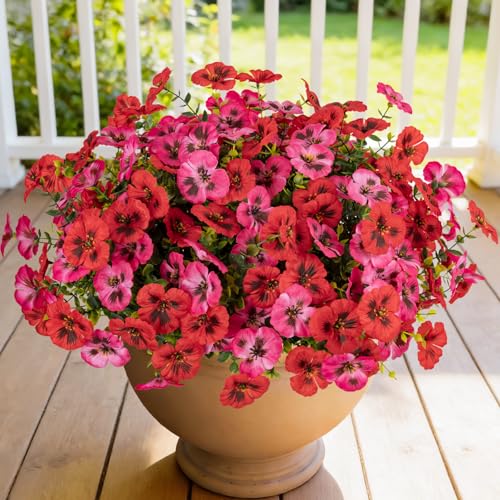 Artificial Flowers for Outdoor Faux Pansies Fake Flowers Plants,12 Bundles - color: Red Dark Pink