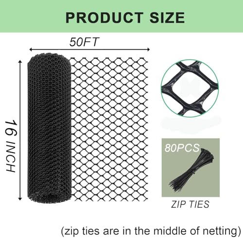 Plastic Wire Mesh Fence Roll 16 in x 50FT Plastic Chicken Mesh with 80 Pcs Zip Ties Balcony Garden Netting Fencing Barrier for Dogs, Poultry, Puppy, Garden Snake Barrier - size: 16IN x 50FT + 80Ties