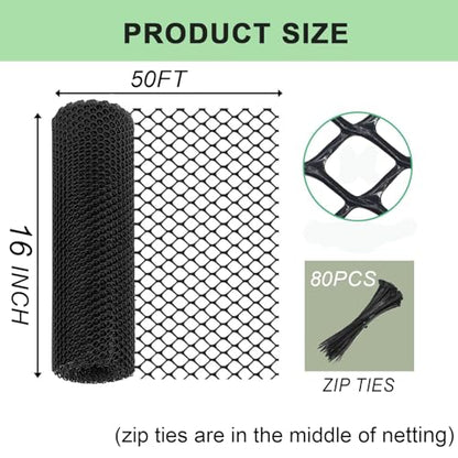 Plastic Wire Mesh Fence Roll 16 in x 50FT Plastic Chicken Mesh with 80 Pcs Zip Ties Balcony Garden Netting Fencing Barrier for Dogs, Poultry, Puppy, Garden Snake Barrier - size: 16IN x 50FT + 80Ties