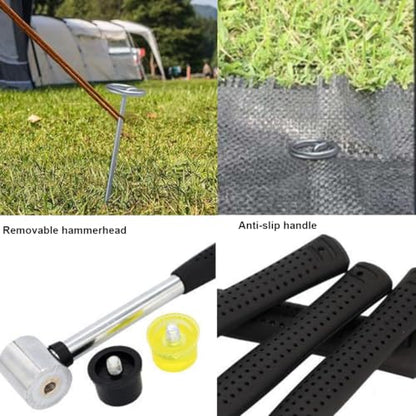 Landscape Fabric Pins Rug Stakes - 11-Pack Heavy Duty 6" G-Shaped Garden Staples with Dual Head Hammer for Outdoor Carpet, Weed Barrier, Tarps and Ground Cover