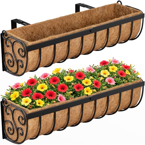 VOXOR Railing Planter Boxes, 24 Inch Window Boxes Planters, Balcony Planters with Adjustable Brackets & Coco Liner for Outdoor Fence, Deck, Porch, and Patio Gardening, 2 Pack - size: 24 Inch