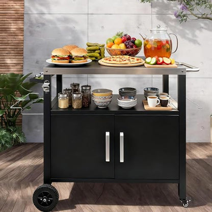 Heavy-Duty Outdoor Kitchen Island with Storage Cabinet - Movable BBQ Grill Table & Pizza Oven Stand, Portable Food Prep Station, Rolling Dining Cart for Patio, Backyard & Indoor Griddle Table