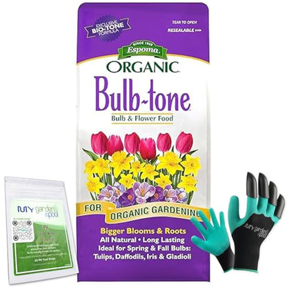Espoma Bulb-Tone 3-5-3; 4 lb. Bag Natural Plant Food for All Bulbs BT4 with My Garden Pool PH Soil Test Strips 20 ct, and Gardening Claw Gloves and Garden-IQ, Smart Gardening AI Assistant!