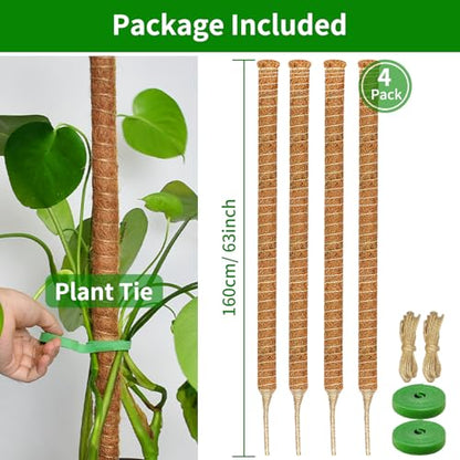 4 Pack 63'' Moss Pole for Monstera, Bendable Coco Coir Plant Support Stakes - size: 4 Pack（63-Inch）