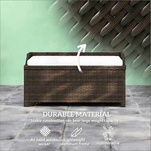 40" Outdoor Wicker Storage Bench, 34 Gallon Deck Box with Cushion, Coffee - color: Coffee,cream White