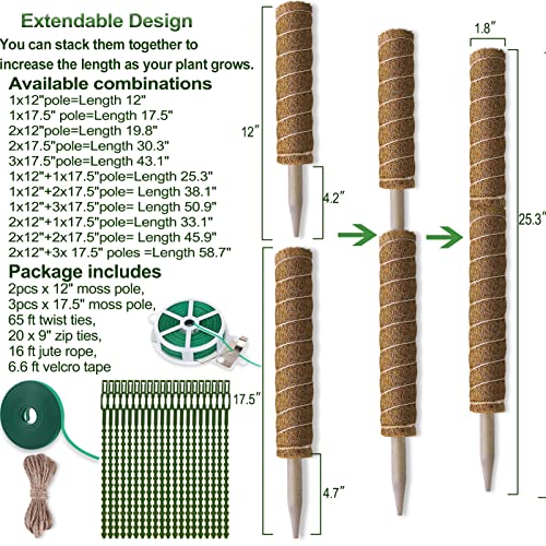 Fabulas Moss Pole 58.7 Inch - Monstera Plant Support 5 Pack, 17.5" and 12" Plant Stakes for Indoor Plants Coco Coir Moss Pole Sticks for Climbing Potted Live Plants, Pothos, Philodendron - size: moss pole 17.5"x3pcs, 12"x2pcs