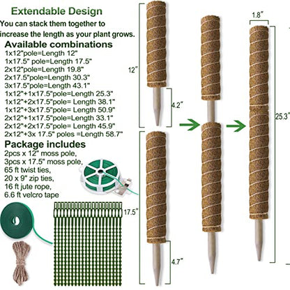 Fabulas Moss Pole 58.7 Inch - Monstera Plant Support 5 Pack, 17.5" and 12" Plant Stakes for Indoor Plants Coco Coir Moss Pole Sticks for Climbing Potted Live Plants, Pothos, Philodendron - size: moss pole 17.5"x3pcs, 12"x2pcs