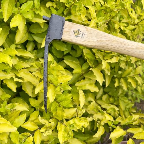 14 inch Japanese Hand Tiller/Rake for Garden, 3-tines Cultivator, Without Welding, Oak Handle, for Digging, Soil Preparation, Chopping Through Roots and Hard Soil and Other Gardening tasks