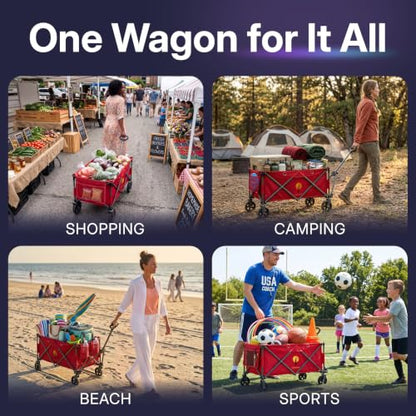 39" L Collapsible Wagon with All-Terrain Wheels, 460 lbs Foldable Cart with Detachable Flashlight, Pockets & Flexible Steering Handle, Red Utility Heavy Duty Folding Beach Wagons Carts - color: Red