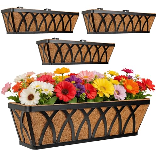 24 Inch Window Box Planter with Coco Liner for Hanging Outdoor Plants, 4 Pack Railing Planter Boxes with Adjustable Brackets for Balcony Deck Porch & Patio Garden Decor, Black - size: 4 Pack, style: Crisscross
