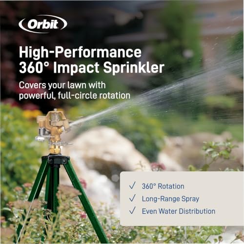 Orbit 1/2 Inch Brass Impact Sprinkler - Adjustable Metal Tripod - Long Range Lawn Watering System - 360 Degree Rotating Sprinkler - Heavy Duty Irrigation System - Adjustable 22-48 Inch Height - 58308 - style: Brass Impact Sprinkler