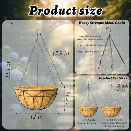 Unique Metal Iron Geometric Hanging Planter Set of 4 Stylish 12 Inch Extra Deep Coco Liner Breathable Heavy Duty Balcony Tree Hanging Basket Drop Weatherproof （Geometric Patterns） - color: Geometric