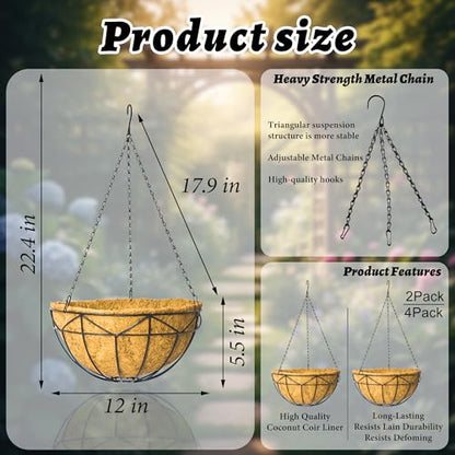 Unique Metal Iron Geometric Hanging Planter Set of 4 Stylish 12 Inch Extra Deep Coco Liner Breathable Heavy Duty Balcony Tree Hanging Basket Drop Weatherproof （Geometric Patterns） - color: Geometric