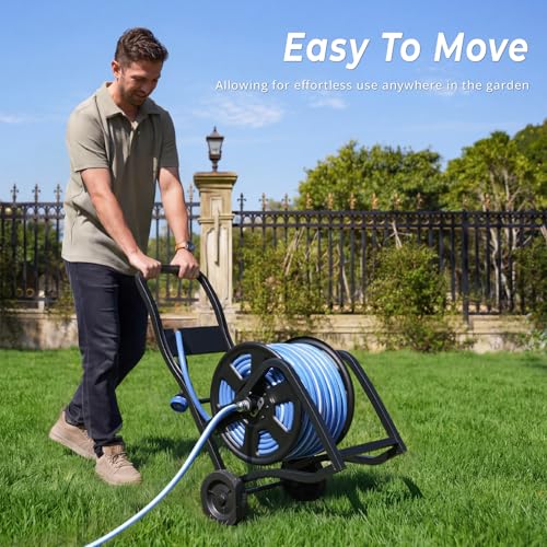 Garden Hose Reel Cart, Heavy Duty Metal Water Hose Cart with Wheels, Holds 200FT x 5/8" Hose, Leak-Proof Aluminum Water System, Anti-Burst Wheels, Ergonomic Crank, Outdoor Rust-Resistant