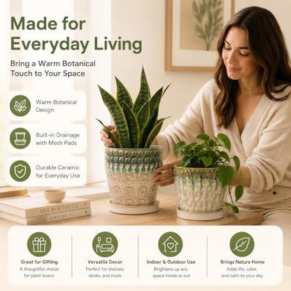YQSLYSF Ceramic Plant Pots, 6 Inch + 5 Inch Indoor Planters with Drainage