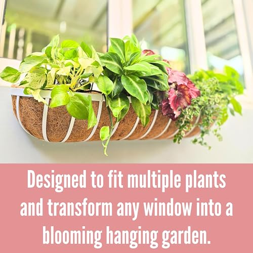 LaLaGreen Window Planter Boxes (48 Inch, 2 Pack) Deck Railing Flower Box with Coco Liner, White Metal Rectangular Wall Planters for Outdoor Plants Fence Balcony Horse Trough Garden Herb Patio Porch - size: 48 Inch (2 Pack)