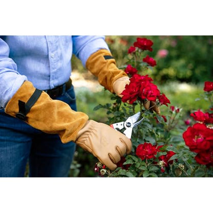FELCO Extra Large Brown/Tan Leather Rose Gardening Gloves - Thorn Resistant Gauntlet Cuff with Nylon Strap and Buckle - size: X-Large