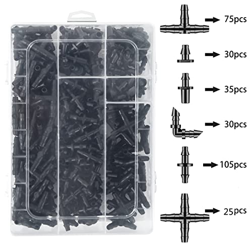 Unoutur 300 Pcs Barbed Connectors Drip Irrigation Fittings Kit, 1/4" Drip Irrigation Kit for Garden Flower Pot Greenhouse Lawn (Straight Barbs,Single Barbs,Tees,Elbows,End Plug,4-Way Coupling) - size: 300 Pcs (1/4" barbed connectors)