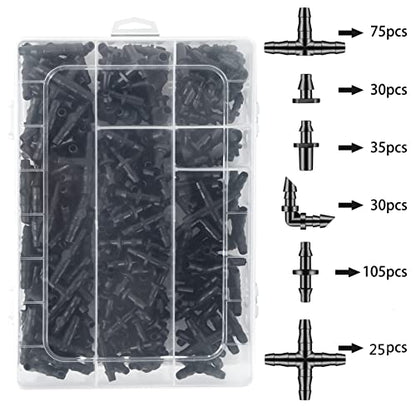 Unoutur 300 Pcs Barbed Connectors Drip Irrigation Fittings Kit, 1/4" Drip Irrigation Kit for Garden Flower Pot Greenhouse Lawn (Straight Barbs,Single Barbs,Tees,Elbows,End Plug,4-Way Coupling) - size: 300 Pcs (1/4" barbed connectors)