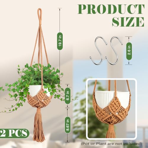 2 Pack Macrame Plant Hangers Indoor, 35 Inch Caramel Hanging Planters Rope for Indoor Outdoor Wall Plants Holder with S Shaped Hooks, Boho Home Decor (Pots Not Included)