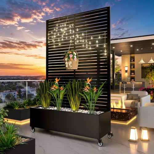 MTART Metal Planter Box with Trellis Outdoor, 72"x47"x16" Galvanized Raised Garden Bed with Privacy Screen & Drainage Holes & Lockable Casters for Climbing Plants, Vegetable, Vines (Louvered-Black1) - color: Louvered-black1