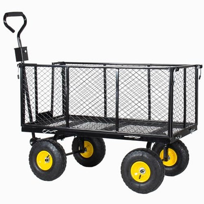 4-in-1 Steel Dump Garden Cart, 880lbs Oversized Pullable Mesh Metal Cart, All-Terrain Utility Cart with Removable Liner, Side Panels & Mesh Tray, Black for Outdoor Lawn Patio Landscaping