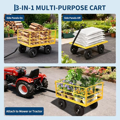 1500 lbs Heavy Duty Steel Garden Cart - Utility Yard Wagon - Removable Mesh Sides & 180° Swivel Handle - Flat-Free All-Terrain 13-Inch Wheels - Red Rims, Black Frame, Black Handlebars - color: Yellow