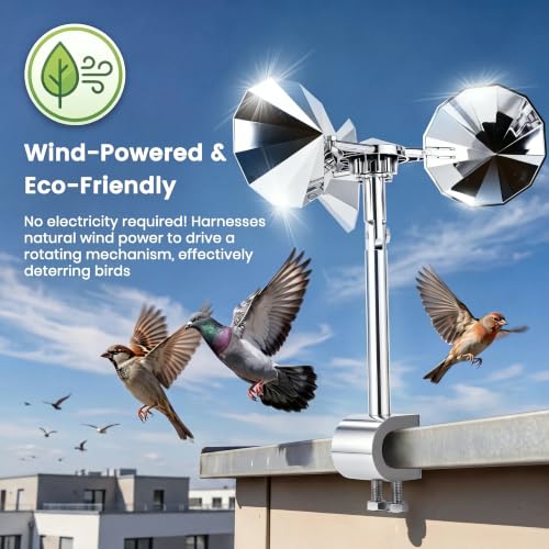 2 Pack Reflective Spinning Bird Deterrents with Adjustable Clamp-On Bases