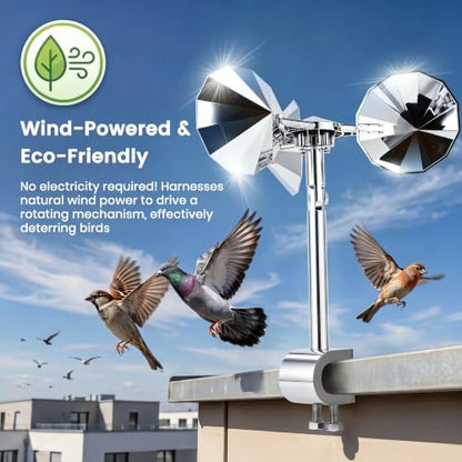 2 Pack Reflective Spinning Bird Deterrents with Adjustable Clamp-On Bases