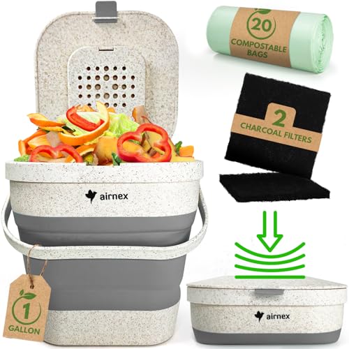 AIRNEX Collapsible Compost Bin Kitchen Counter Caddy - 1 Gallon Countertop Compost Bin with Lid Made of Wheat Straw - Odorless Kitchen Compost Bin Countertop with 20 Compost Bags and 2 Carbon Filters - color: Gray