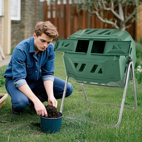 Outdoor Compost Tumbler, 43 Gallon Rotating Tumbling Composter with Dual Chamber, 2 Sliding Doors & Gloves, Large Composting Bin for Garden Yard Waste for Outdoor, Garden, Yard (Green) - color: Green