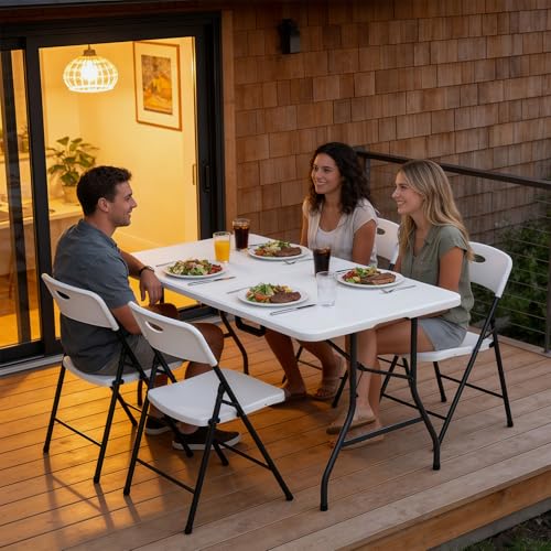 2 Pack 5ft Folding Table, Foldable Picnic Table with Carrying Handle, Heavy Duty Fold-in-Half Portable Table for Weddings, Camping, RV Travel, Parties, and Indoor Use, Easy to Fold and Store, White - color: White, size: 5ft-2 Pack